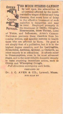 Dr. Ayer's Cherry Pectoral - Cures Colds, Coughs and all Diseases of the Throat and Lungs. (back)