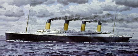 Titanic before striking the iceberg and sinking. (Iceberg not shown).